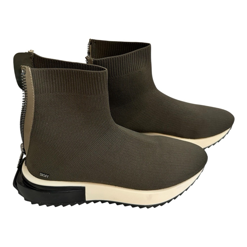 DKNY Olive Green Knit Sock Sneakers Women's Ankle Boots Rear Zip Chunky Sole 8M